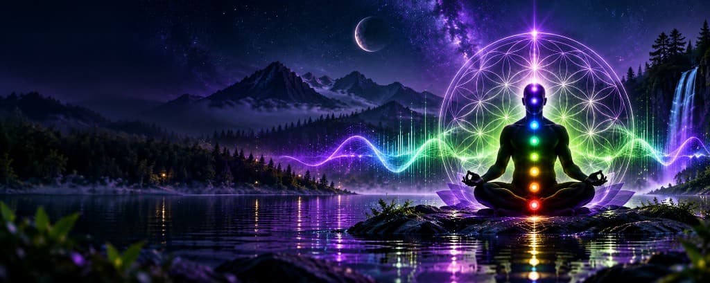 A person meditating on a rock in a mountain lake at night, with sacred geometry and a frequency wave across the water.